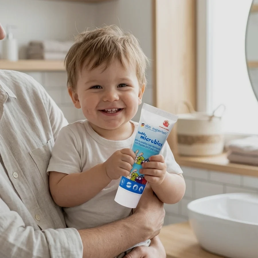 Child smiling with Das Experten buddy microbies toothpaste