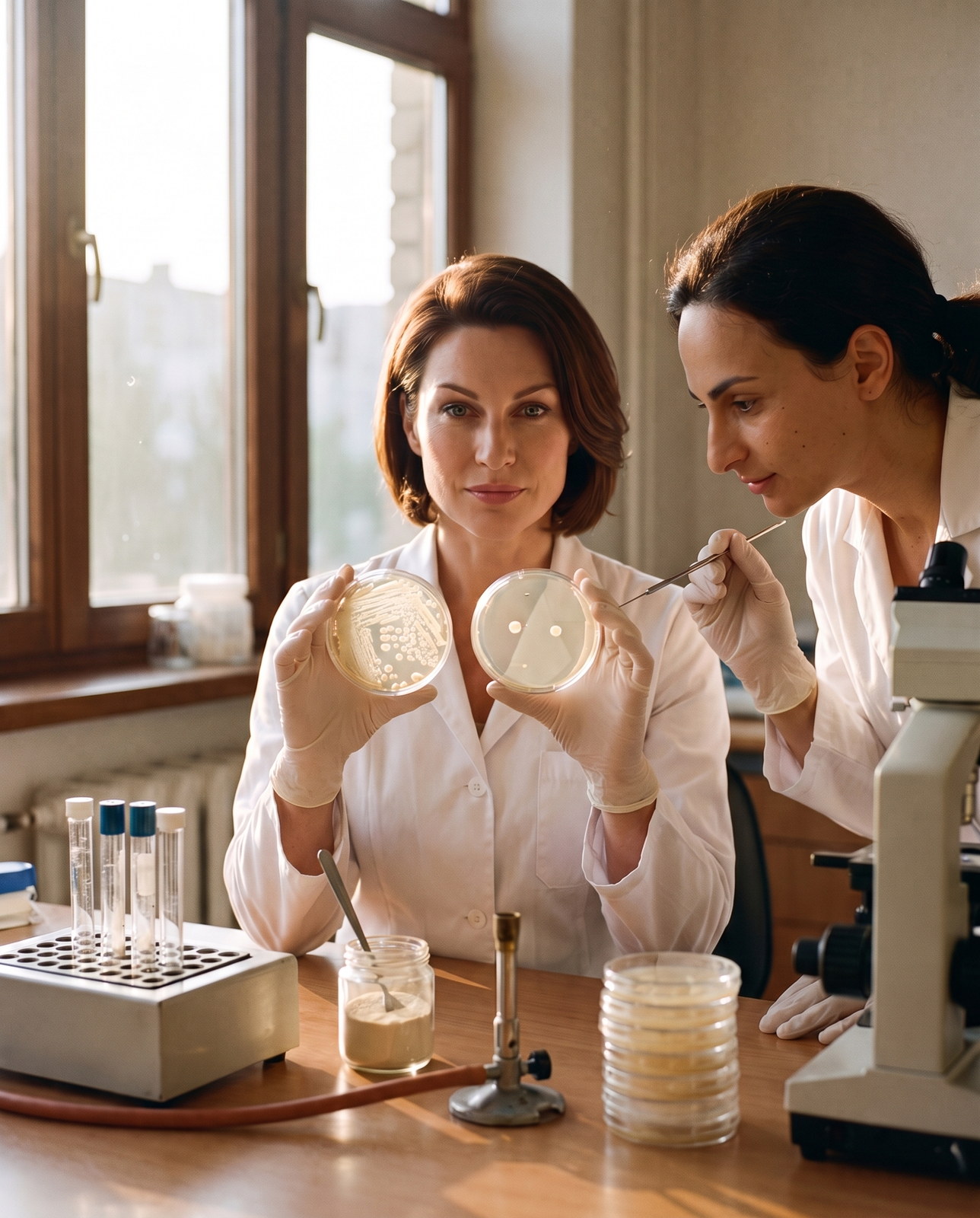 Chuyên gia vi sinh so sánh các đĩa petri khi nghiên cứu Bacillus coagulans