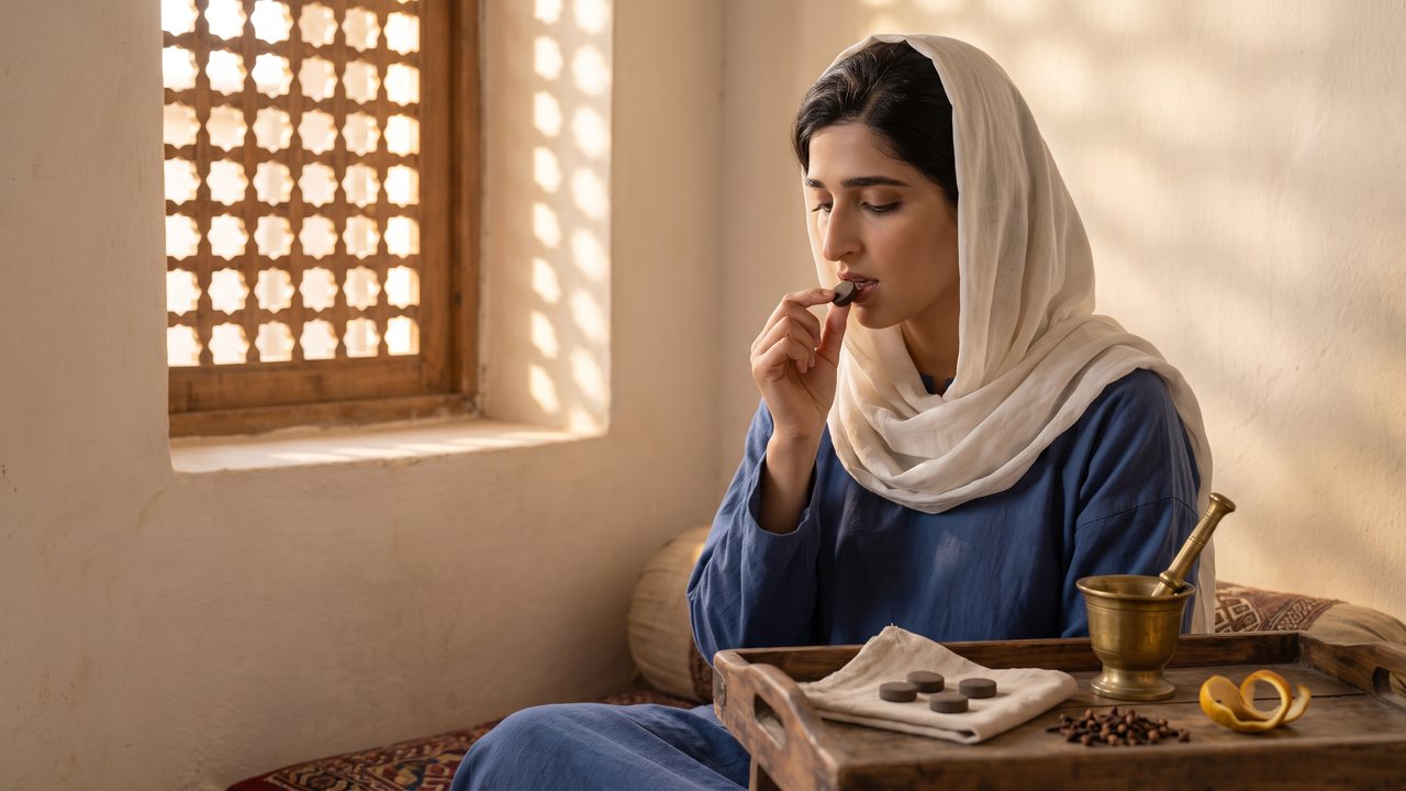 Morning in a tenth-century Bukhara house: a woman in an indigo robe and a white linen head covering sits by a carved wooden lattice window and raises a small dark tablet to her lips; on a wooden tray beside her lie more tablets on a cloth, a brass mortar, dried clove buds and a curl of bergamot peel.