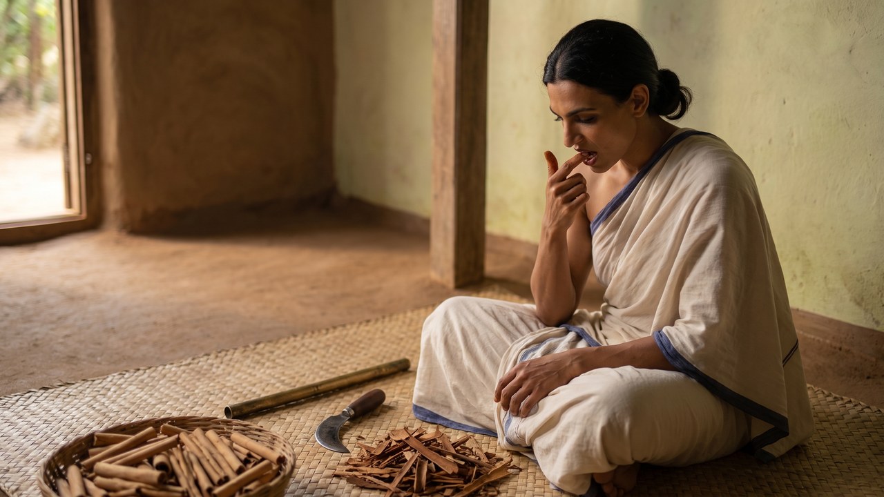 Cinnamon for teeth — a woman on a woven mat in a Ceylon village house presses ground cinnamon bark along her own gum with a fingertip, a basket of freshly rolled cinnamon quills and the curved peeling knife beside her