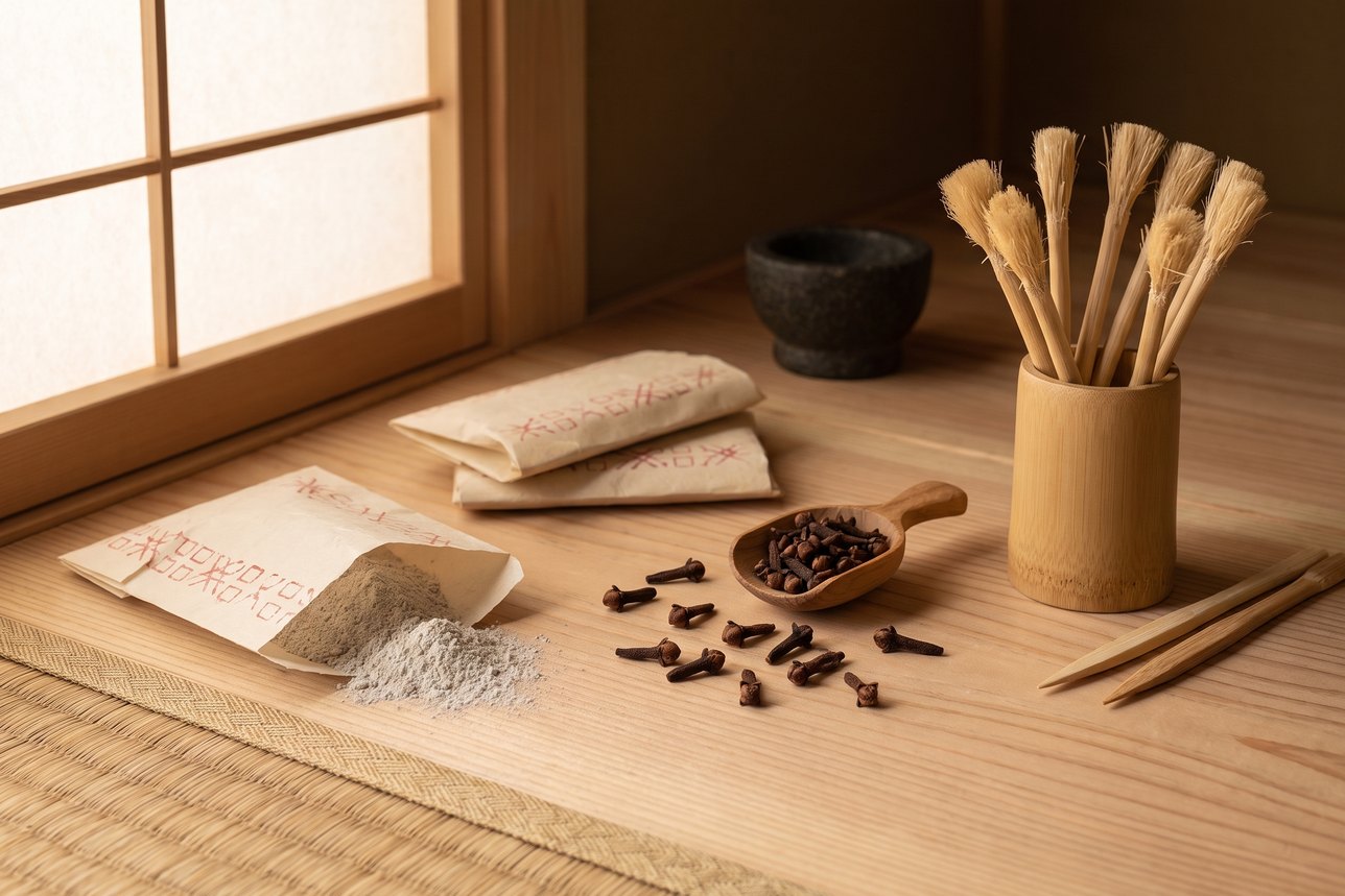 Clove oil for teeth — folded washi paper packets of grey Edo tooth powder, dried clove buds in a wooden scoop and a bundle of frayed willow fusayoji brushes on a cedar shop counter