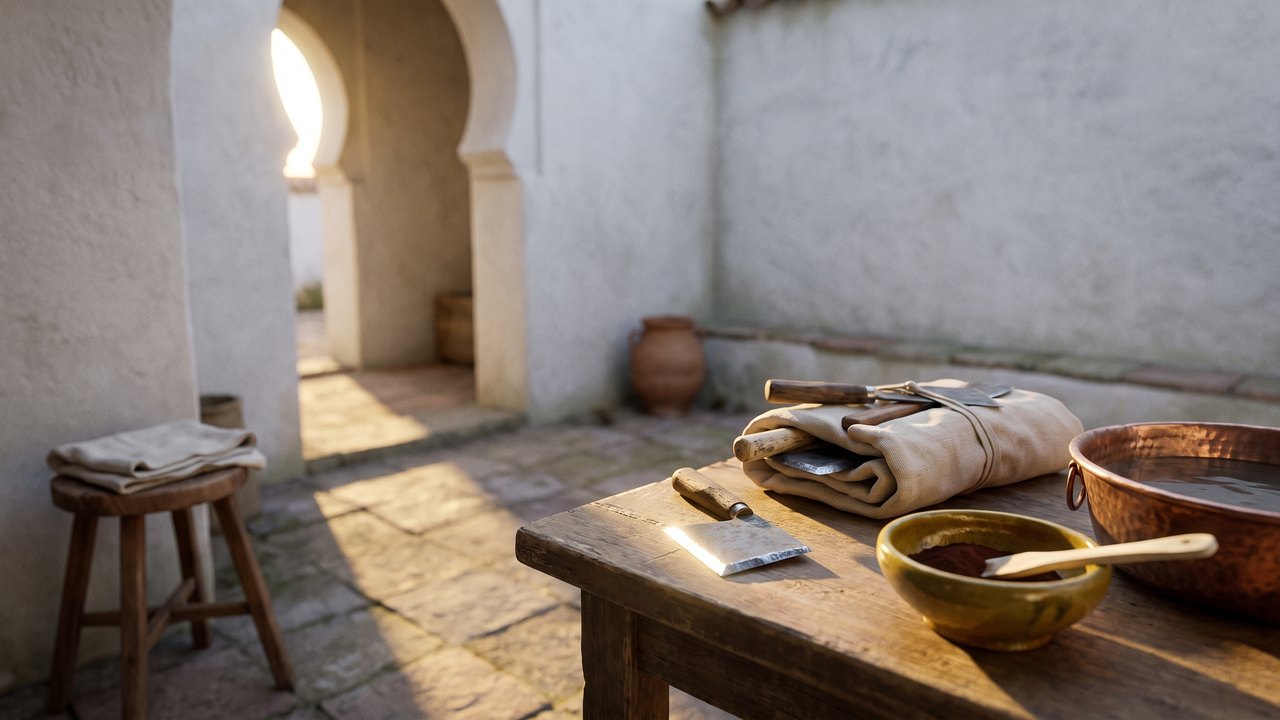 How to remove tartar from teeth — a physician's courtyard in Córdoba at first light around the year 1000, an unrolled linen wrap of hand-forged steel scrapers on a low table, one scraper edge-up to the sun and a small glazed dish of dark tooth powder beside it