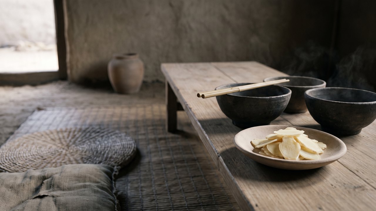 How to stop bleeding gums — a cleared low table in the state of Lu around 500 BC, the empty pottery bowls pushed aside with the chopsticks across one rim, and one shallow dish of thin-sliced fresh ginger left standing where it stood all through the meal