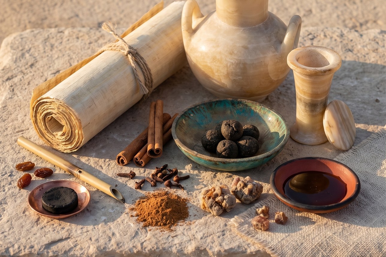 Natural remedy for bad breath — cinnamon bark, cloves, honey and blank papyrus on limestone