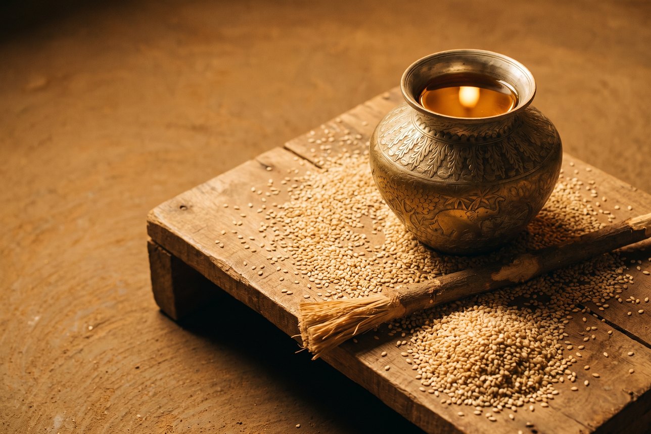 Oil pulling for teeth — a cast-metal Indian vessel brimming with thick sesame oil, sesame seeds scattered across a low wooden board and a frayed chewing twig, in warm low light