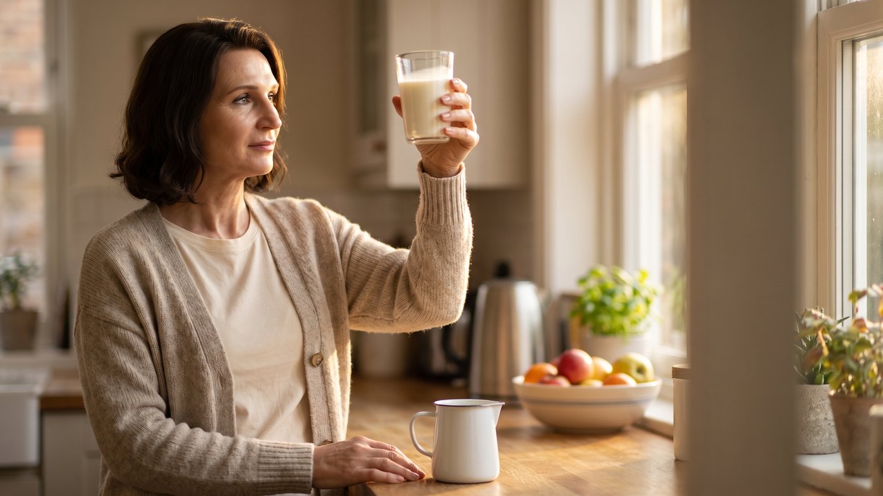 Early morning in a home kitchen: a woman with shoulder-length dark hair, in an oatmeal knit cardigan over a cream top, holds a glass of milk up to the window light and studies it closely; her other hand rests on a wooden counter beside a white enamel jug, with a kettle, a bowl of fruit and plants softly blurred behind her.