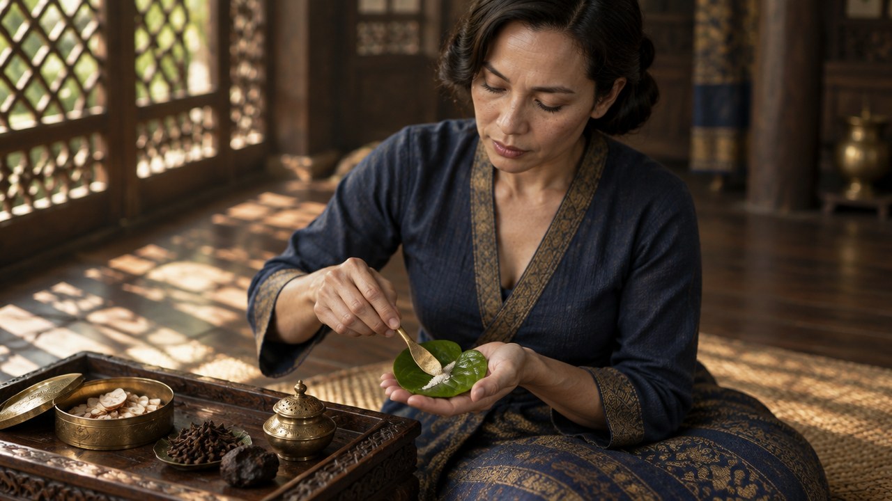 A woman of the Melaka court kneeling on a mat in the 1440s, spreading slaked lime across a heart-shaped betel leaf held open on her palm, a brass betel box with areca slices and dried clove buds on the carved tray beside her