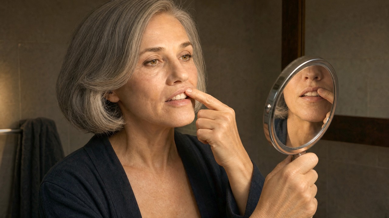 A woman in her sixties stands at the bathroom mirror late in the evening, holding a small hand mirror up to the light and lifting her lip with one fingertip to look at the edge of a front crown