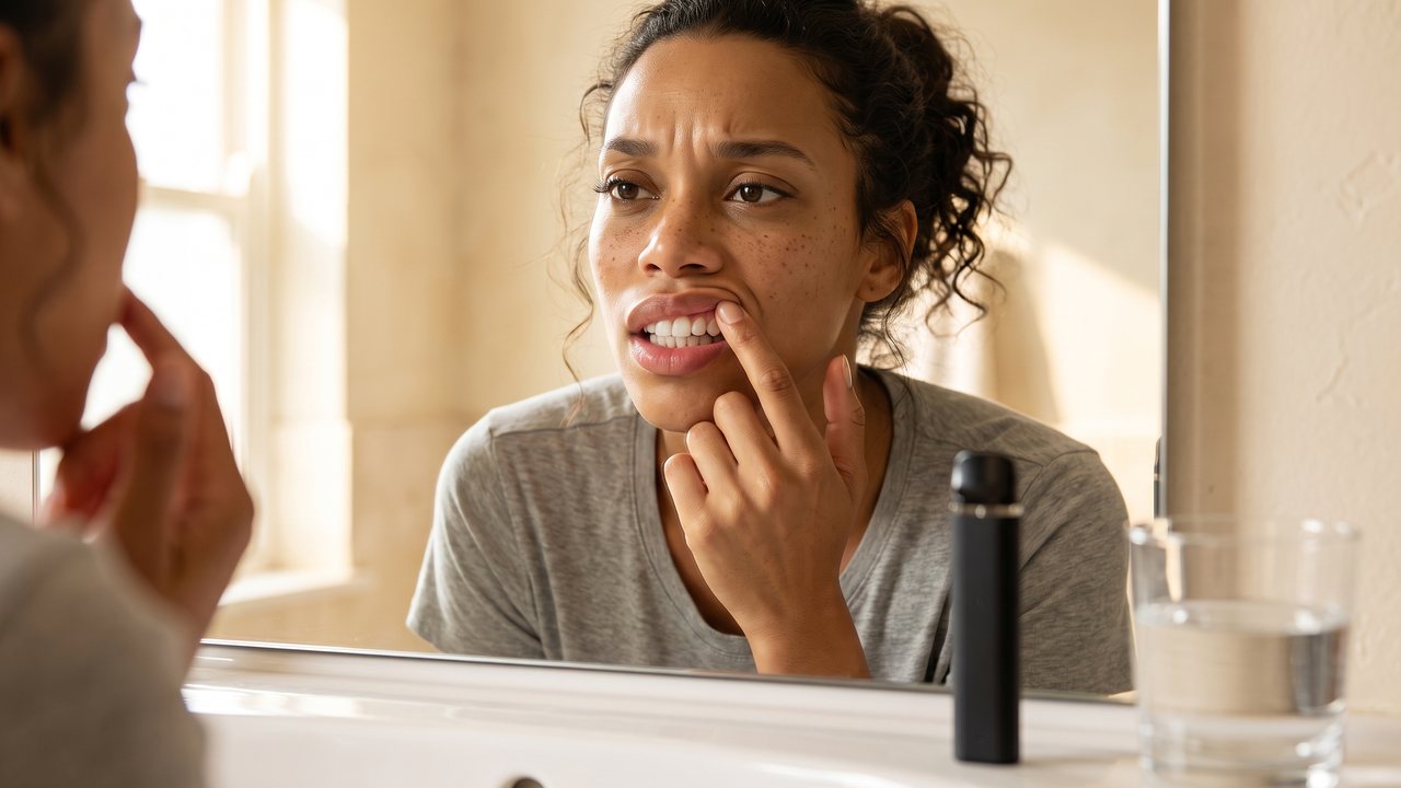 In a warm cream-walled bathroom at morning light, a young woman with curly dark hair in a grey T-shirt leans toward the mirror and pulls back her lip with one finger to check her teeth and gums; a plain black vape pen and a glass of water stand on the sink.