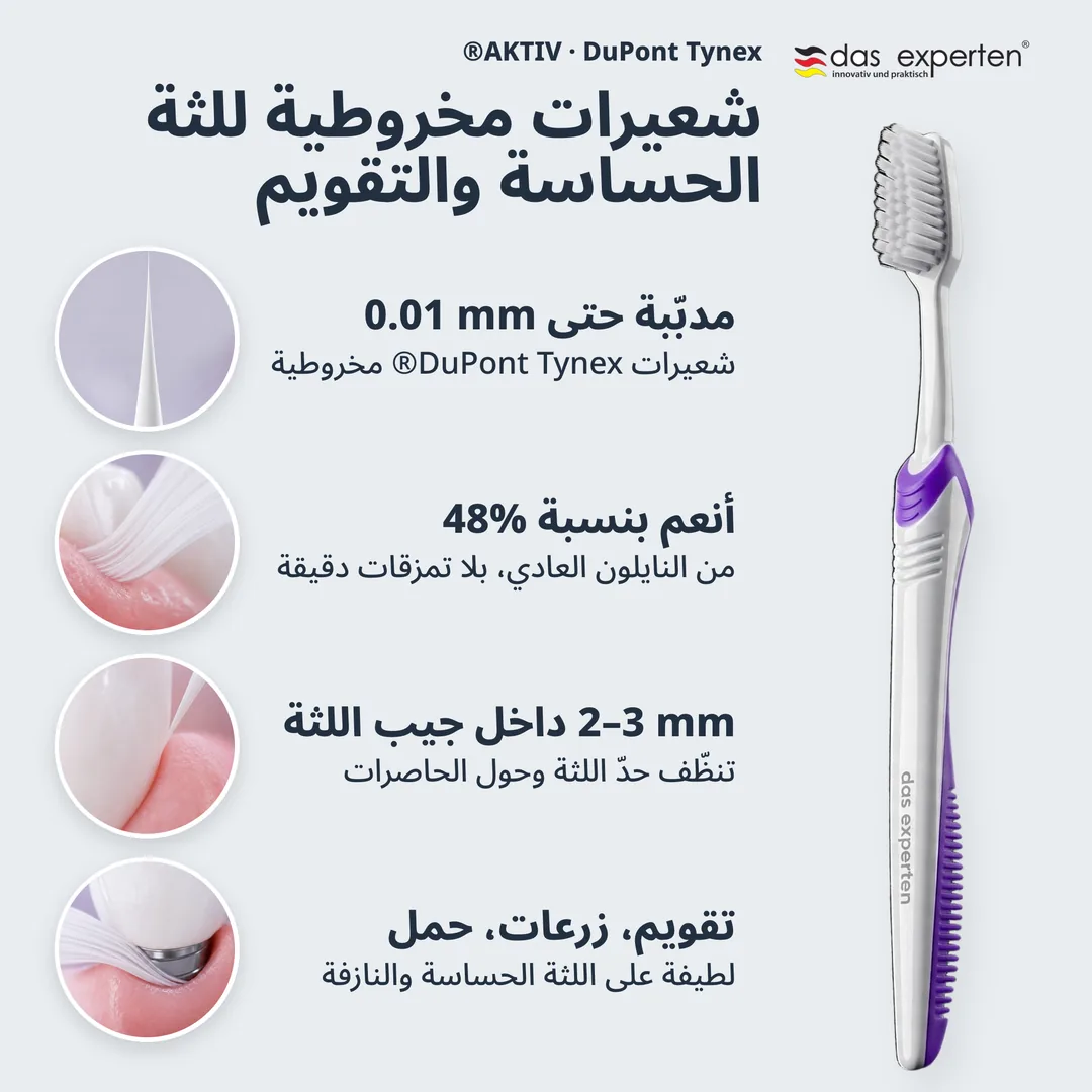 شعيرات مخروطية للثة الحساسة والتقويم — مدبّبة حتى 0.01 mm; أنعم بنسبة 48%; 2–3 mm داخل جيب اللثة; تقويم، زرعات، حمل