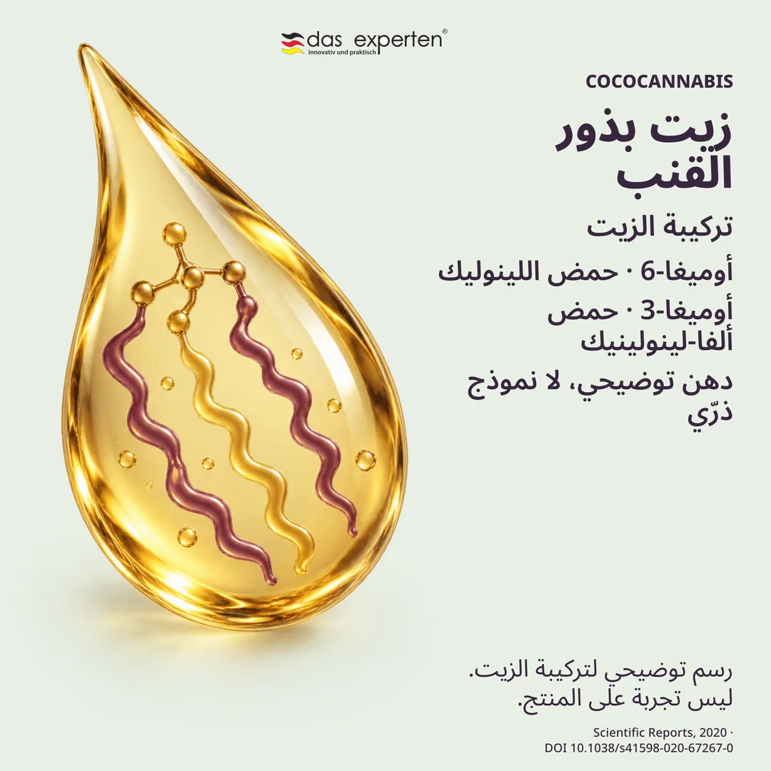 رسم توضيحي لقطرة زيت بذور القنب ومكوّنَي أوميغا-6 وأوميغا-3 في تركيبة الزيت