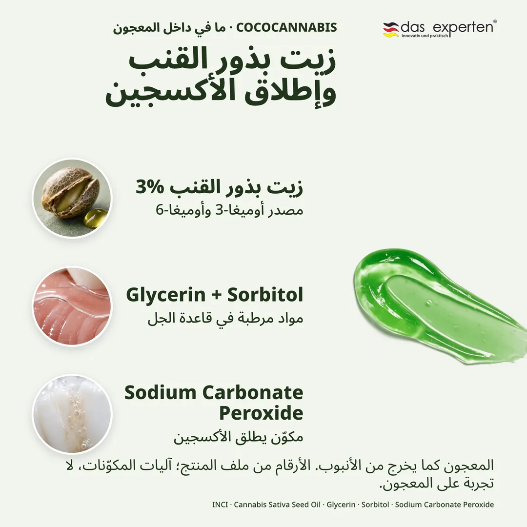 COCOCANNABIS · ما في داخل المعجون — زيت بذور القنب وإطلاق الأكسجين; زيت بذور القنب 3%; Glycerin + Sorbitol; Sodium Carbonate Peroxide