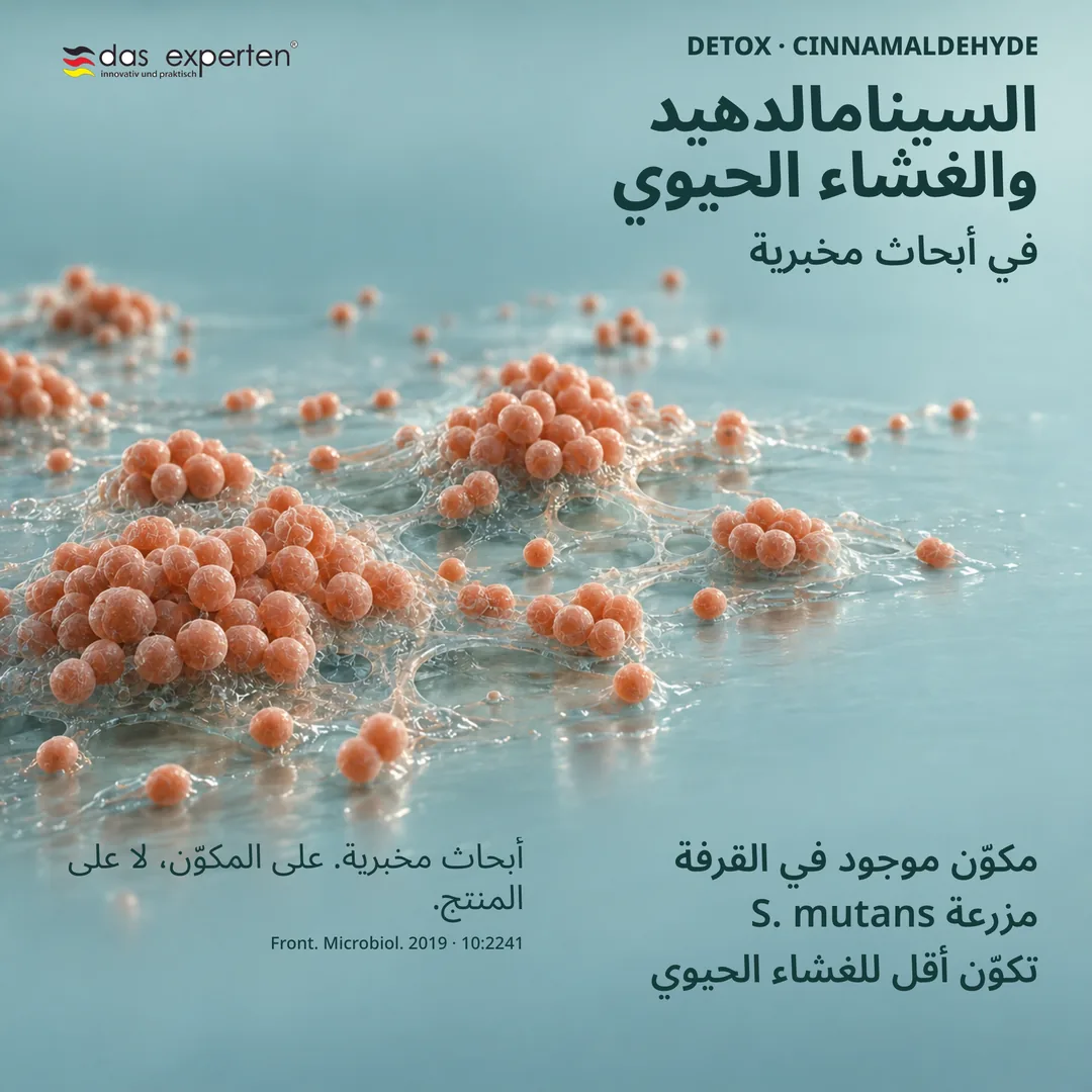 رسم توضيحي مخبري لمزرعة S. mutans مع السينامالدهيد من القرفة: تكوّن أقل للغشاء الحيوي