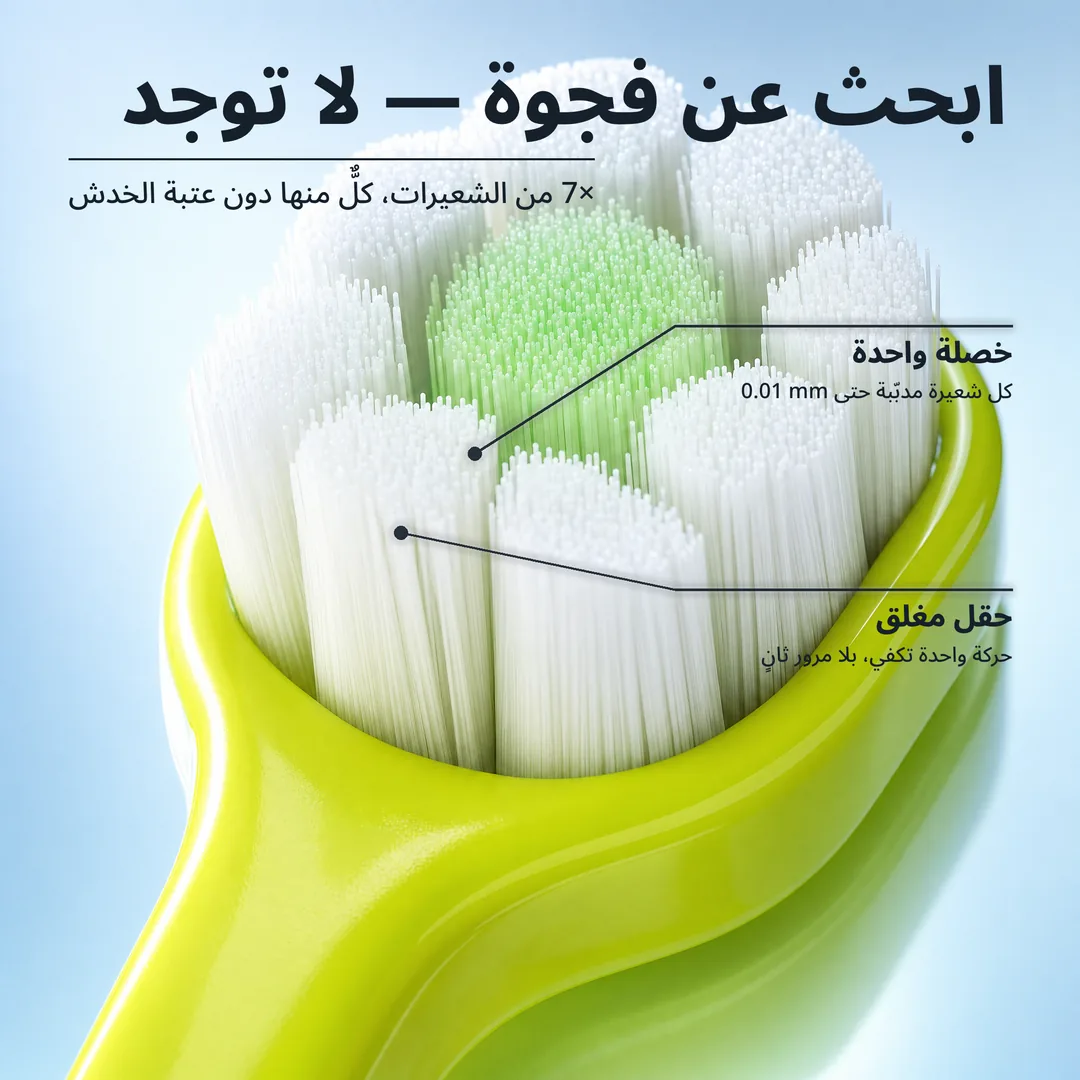 ابحث عن فجوة — لا توجد — 7× من الشعيرات، كلٌّ منها دون عتبة الخدش · خصلة واحدة: كل شعيرة مدبّبة حتى 0.01 mm · حقل مغلق: حركة واحدة تكفي، بلا مرور ثانٍ
