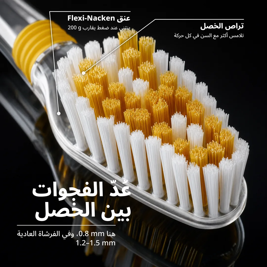عُدّ الفجوات بين الخصل — هنا 0.8 mm، وفي الفرشاة العادية 1.2–1.5 mm · تراص الخصل: تلامس أكثر مع السن في كل حركة · عنق Flexi-Nacken: ينثني عند ضغط يقارب 200 g