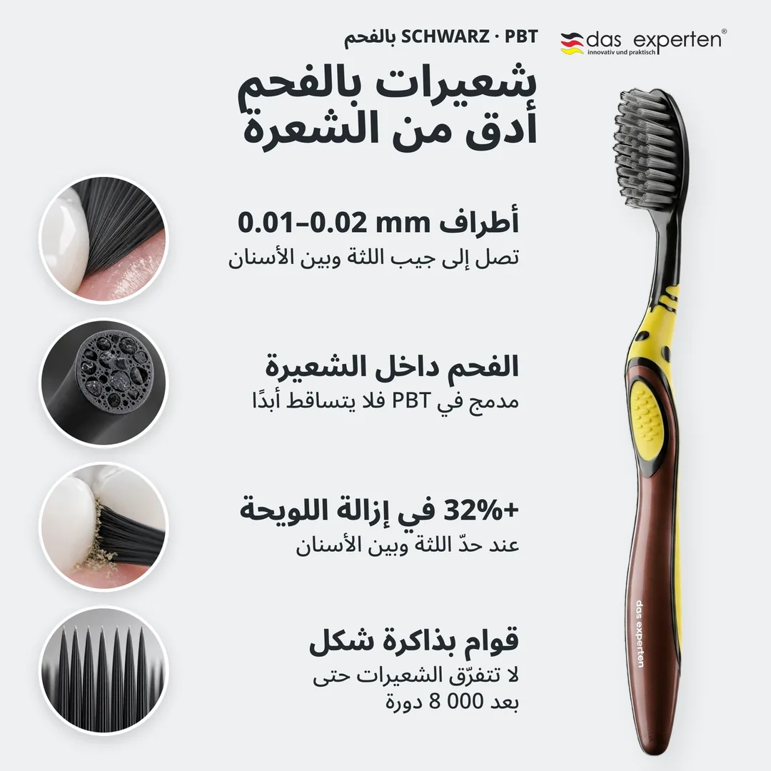 شعيرات بالفحم أدق من الشعرة — أطراف 0.01–0.02 mm; الفحم داخل الشعيرة; +32% في إزالة اللويحة; قوام بذاكرة شكل