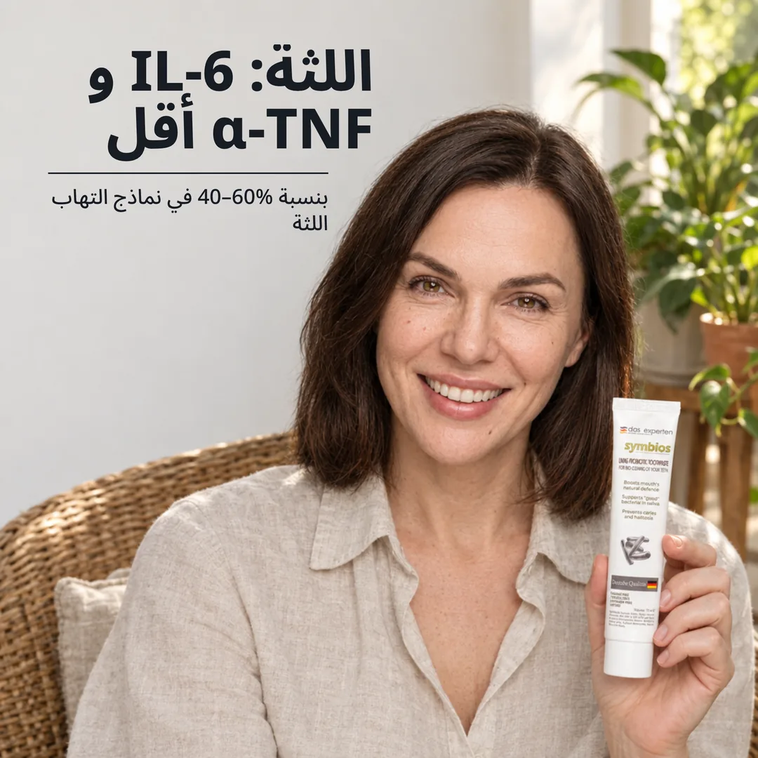 اللثة: IL-6 و TNF-α أقل — بنسبة 40–60% في نماذج التهاب اللثة