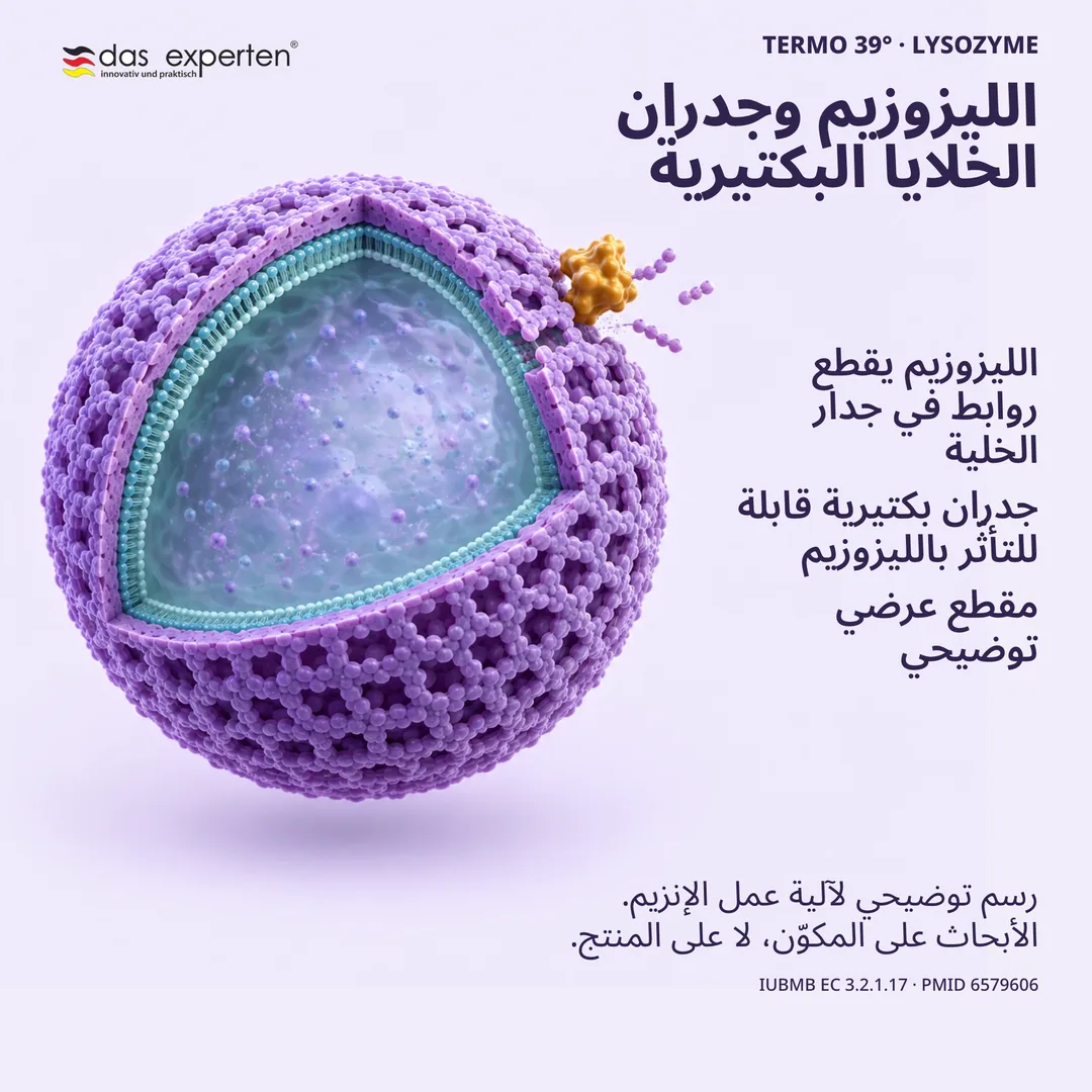 مقطع عرضي توضيحي: الليزوزيم يقطع روابط في جدار خلية بكتيرية قابل للتأثّر بالليزوزيم
