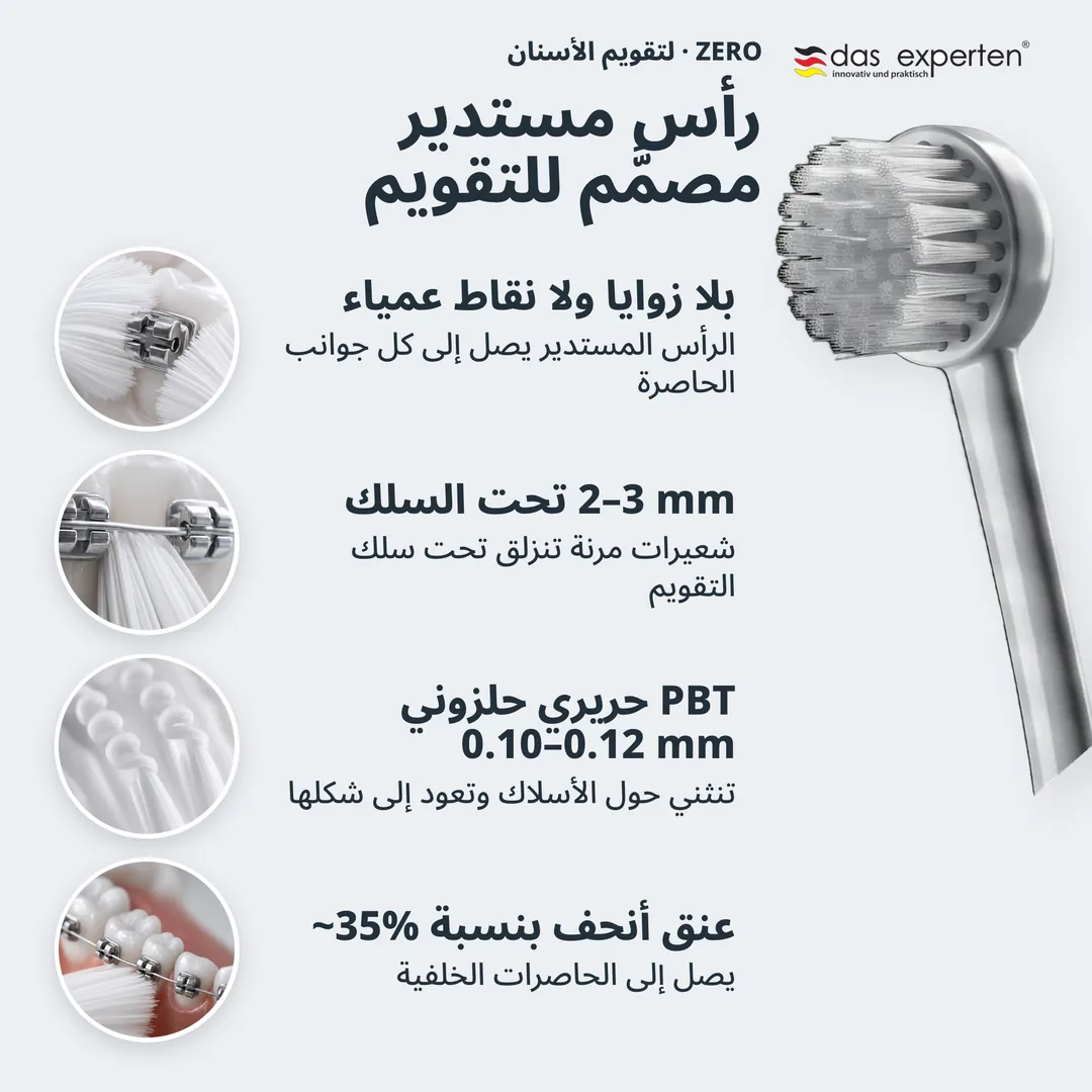 رأس مستدير مصمَّم للتقويم — بلا زوايا ولا نقاط عمياء; 2–3 mm تحت السلك; PBT حريري حلزوني 0.10–0.12 mm; عنق أنحف بنسبة ~35%