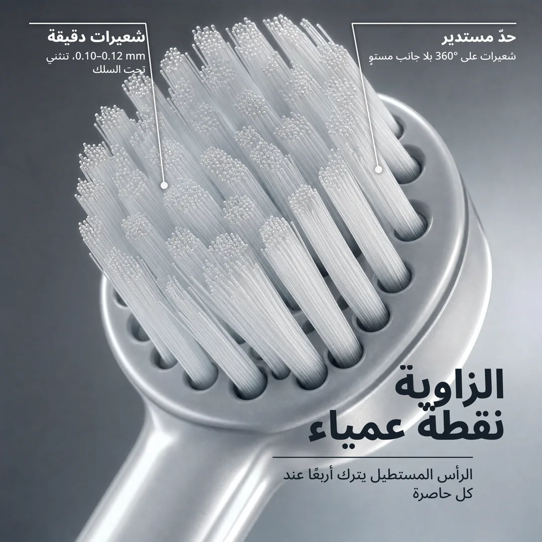 الزاوية نقطة عمياء — الرأس المستطيل يترك أربعًا عند كل حاصرة · حدّ مستدير: شعيرات على 360° بلا جانب مستوٍ · شعيرات دقيقة: 0.10–0.12 mm، تنثني تحت السلك