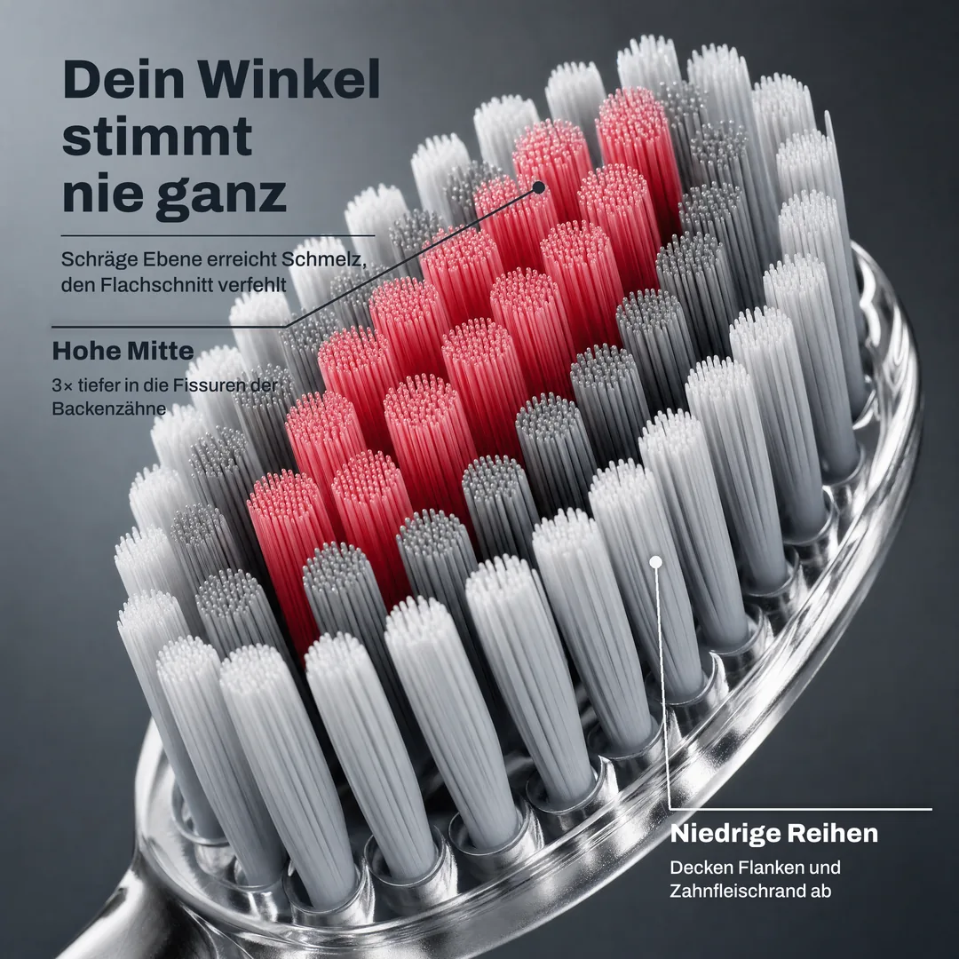 Dein Winkel stimmt nie ganz — Schräge Ebene erreicht Schmelz, den Flachschnitt verfehlt · Hohe Mitte: 3× tiefer in die Fissuren der Backenzähne · Niedrige Reihen: Decken Flanken und Zahnfleischrand ab