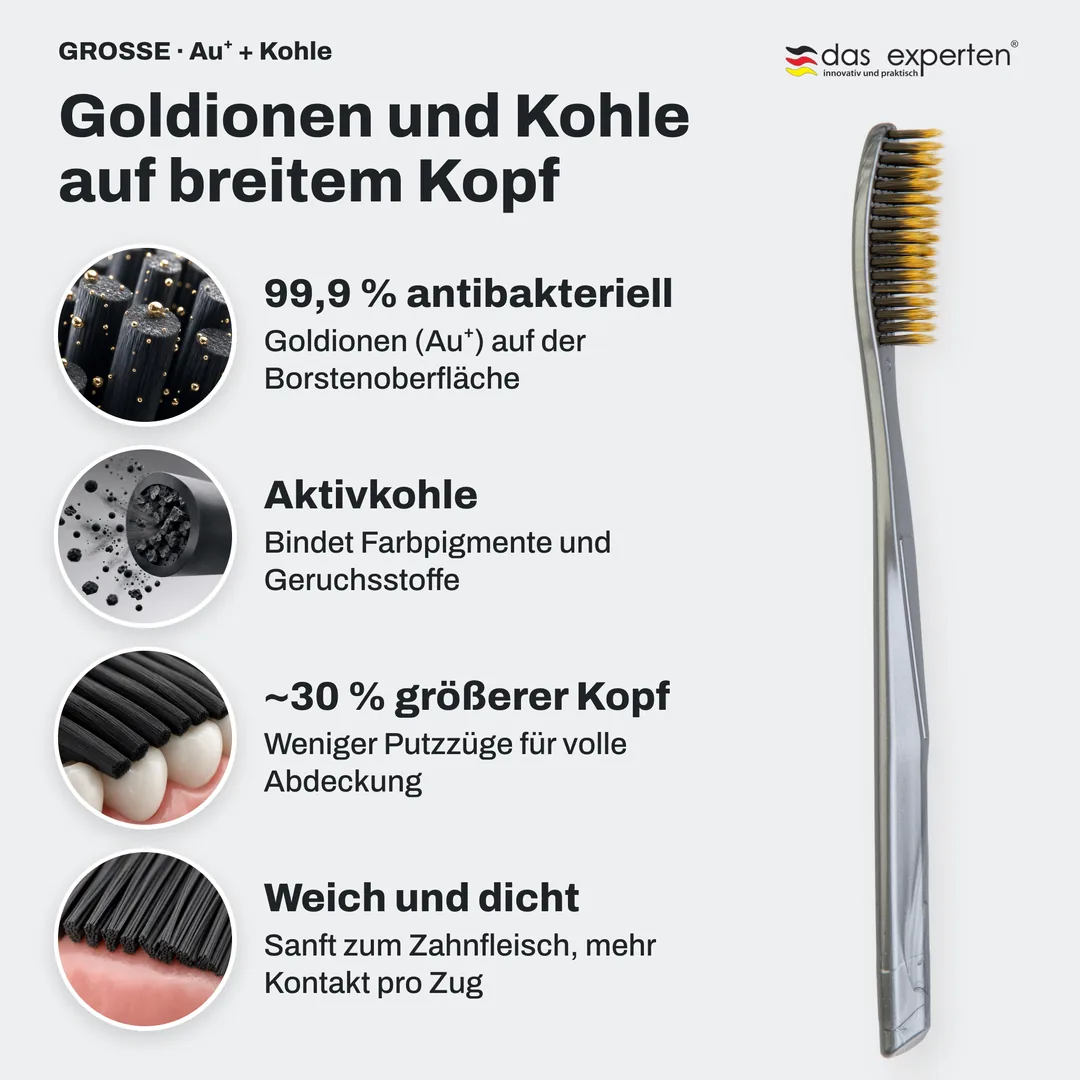 Goldionen und Kohle auf breitem Kopf — 99,9 % antibakteriell; Aktivkohle; ~30 % größerer Kopf; Weich und dicht