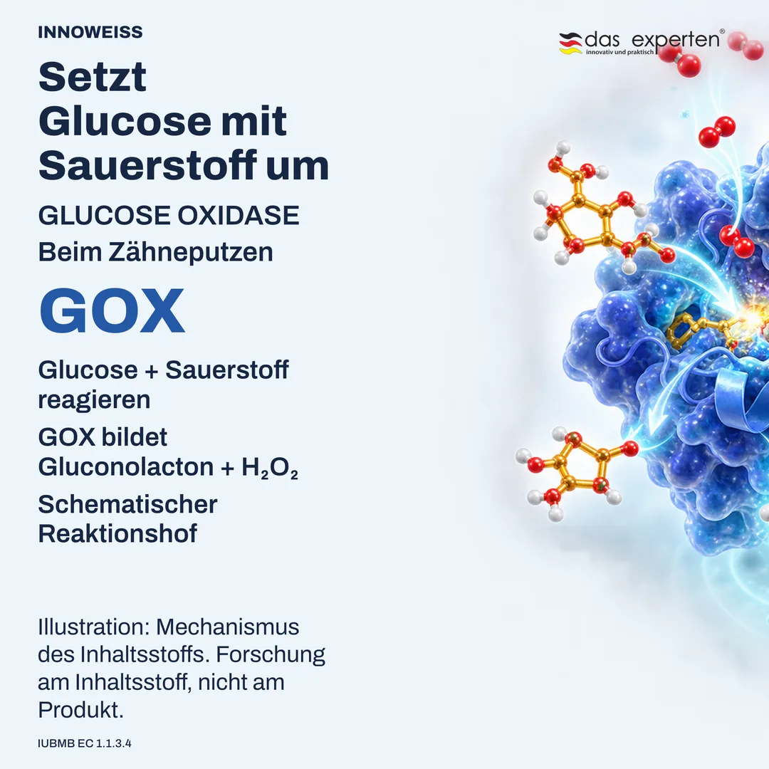 Illustration: Glucoseoxidase setzt Glucose mit Sauerstoff zu Gluconolacton und Wasserstoffperoxid um