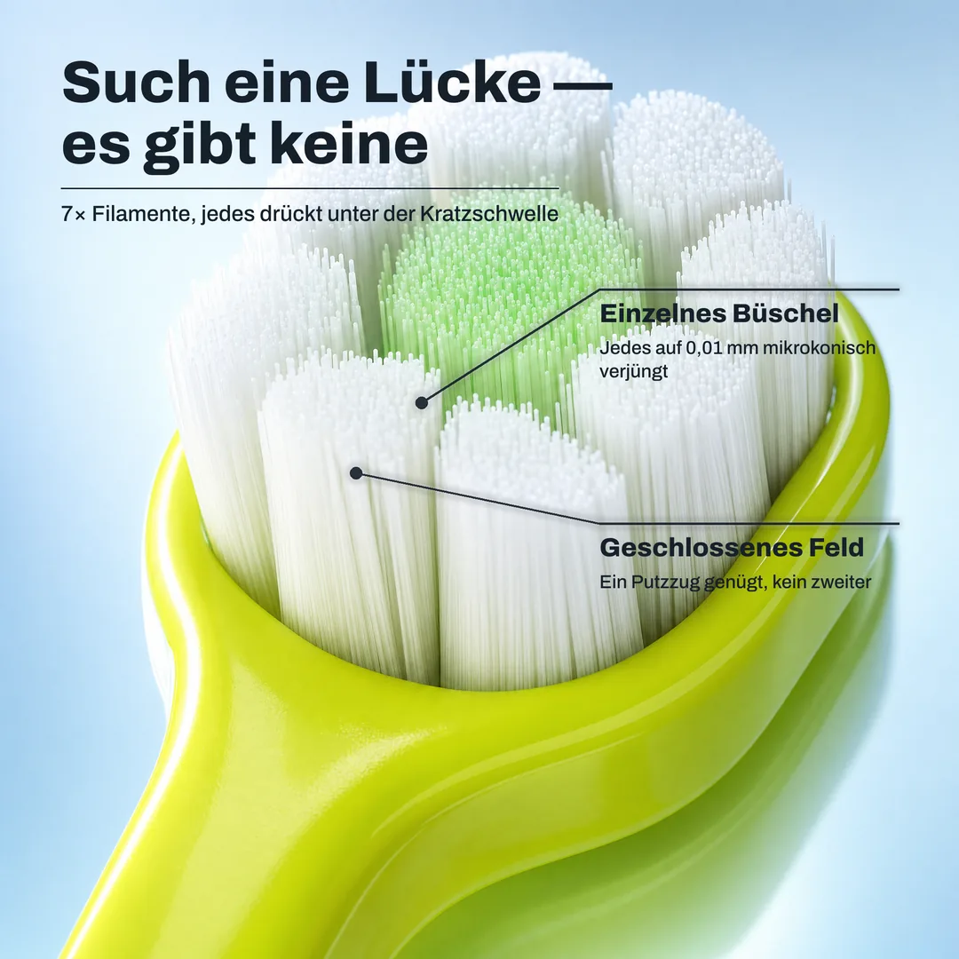 Such eine Lücke — es gibt keine — 7× Filamente, jedes drückt unter der Kratzschwelle · Einzelnes Büschel: Jedes auf 0,01 mm mikrokonisch verjüngt · Geschlossenes Feld: Ein Putzzug genügt, kein zweiter