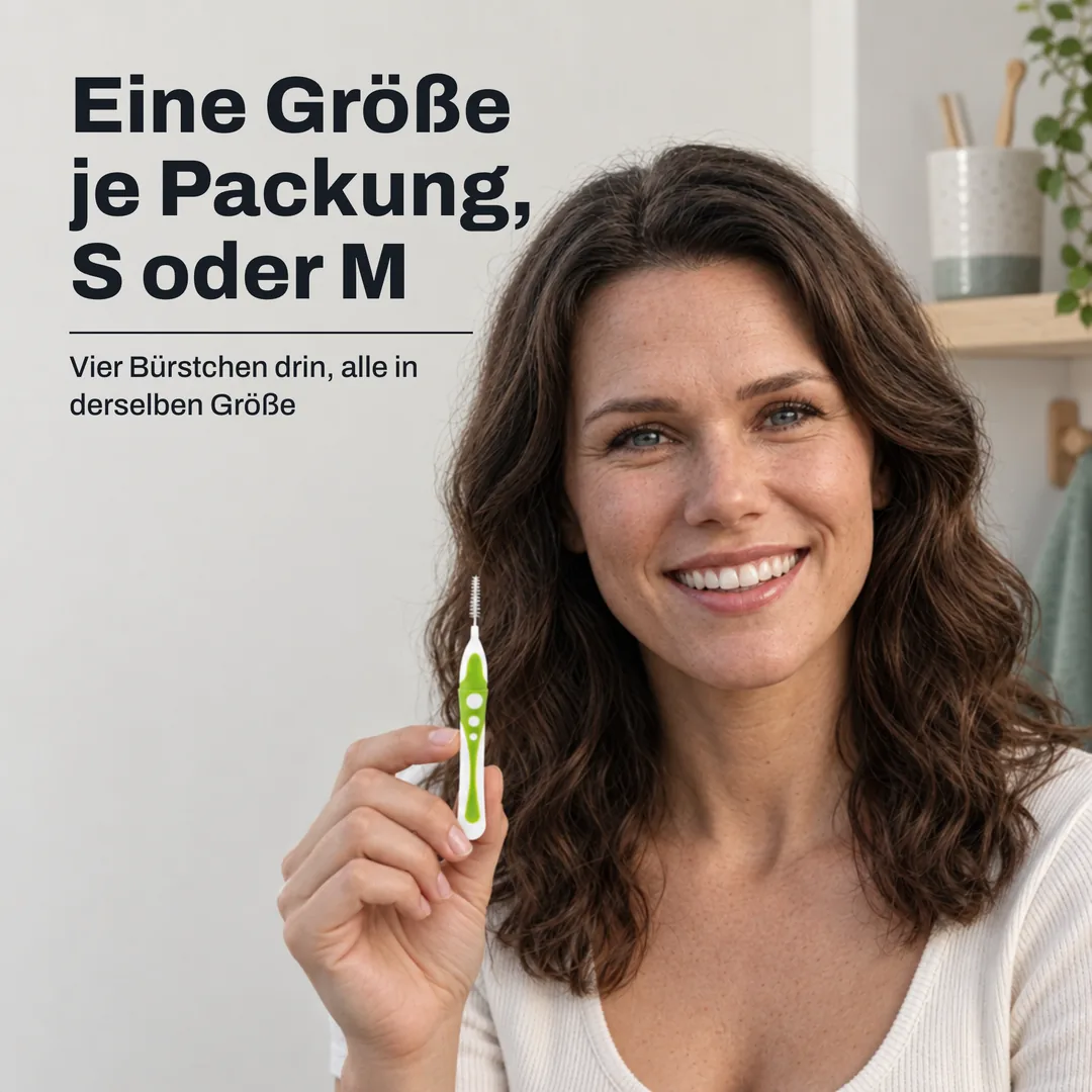 Eine Größe je Packung, S oder M — Vier Bürstchen drin, alle in derselben Größe