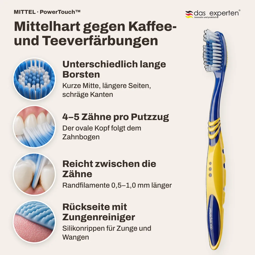 Mittelhart gegen Kaffee- und Teeverfärbungen — Unterschiedlich lange Borsten; 4–5 Zähne pro Putzzug; Reicht zwischen die Zähne; Rückseite mit Zungenreiniger