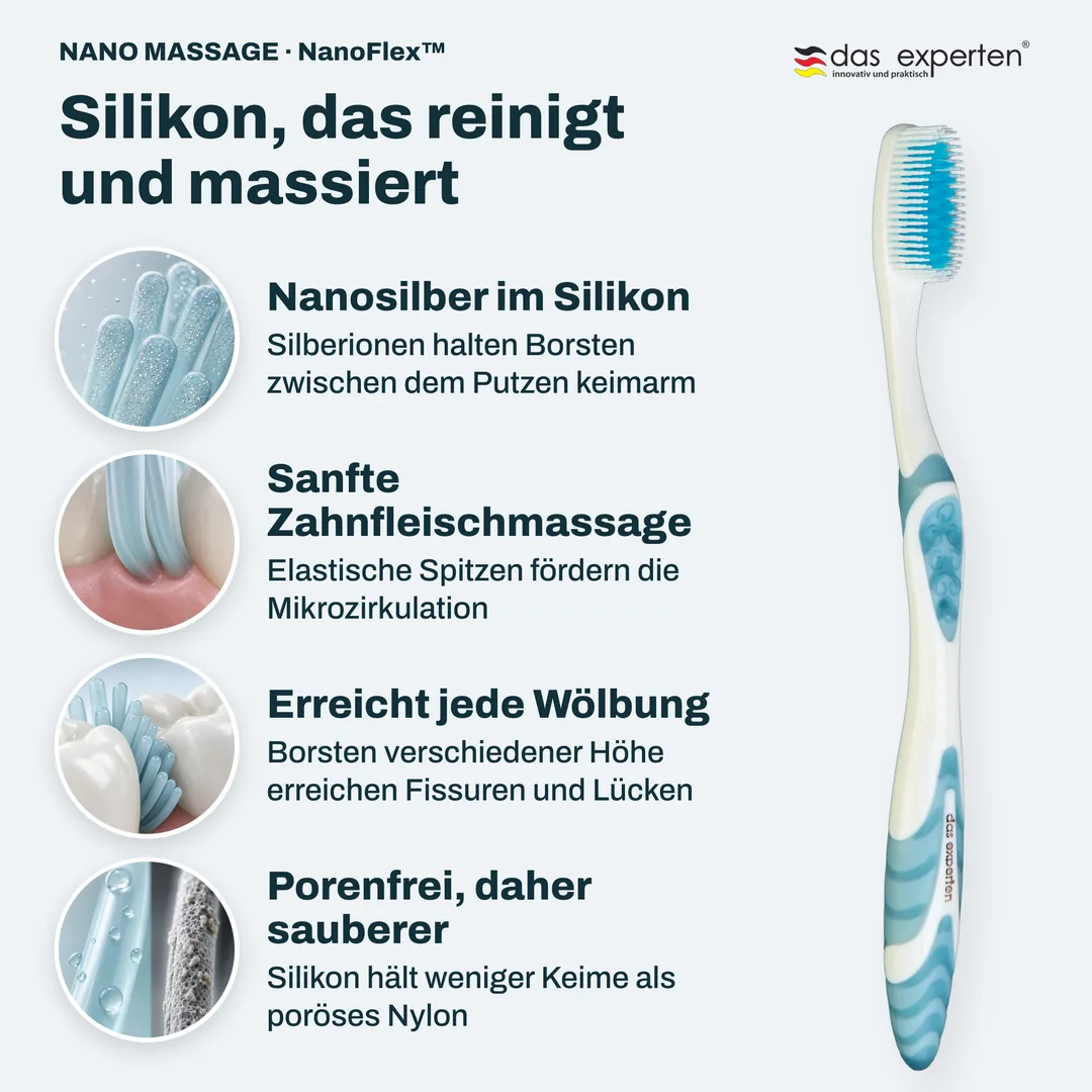 Silikon, das reinigt und massiert — Nanosilber im Silikon; Sanfte Zahnfleischmassage; Erreicht jede Wölbung; Porenfrei, daher sauberer