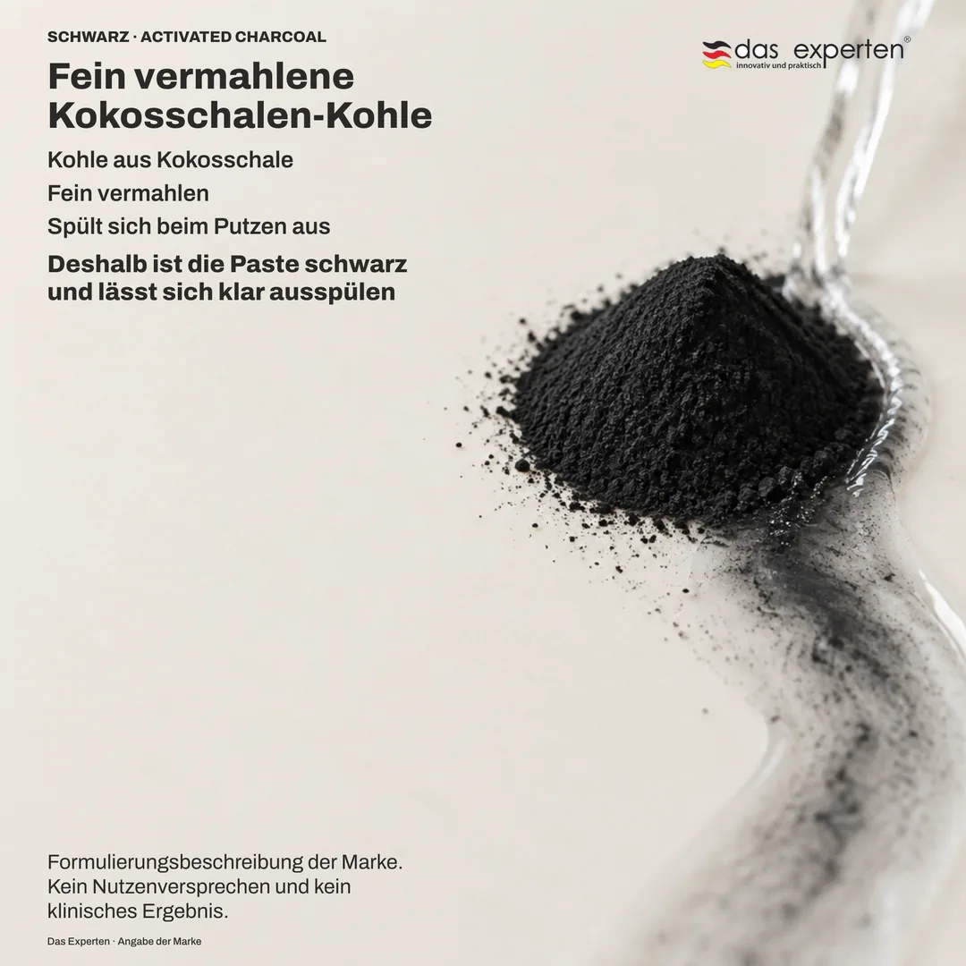 Illustration: fein vermahlenes Kokosschalen-Kohlepulver wird vom Spülwasser klar fortgetragen — Beschreibung der Rezeptur