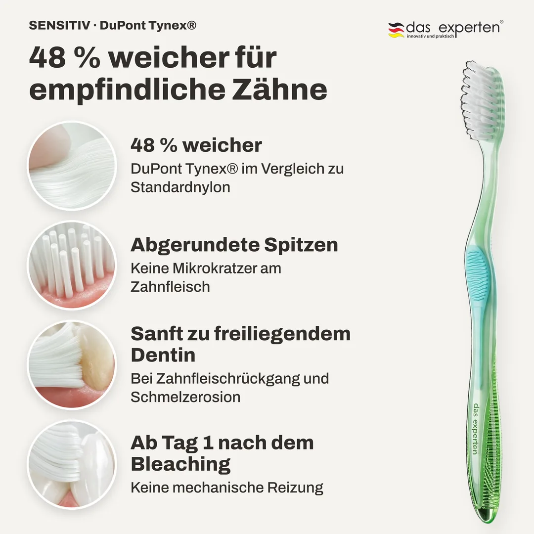48 % weicher für empfindliche Zähne — 48 % weicher; Abgerundete Spitzen; Sanft zu freiliegendem Dentin; Ab Tag 1 nach dem Bleaching