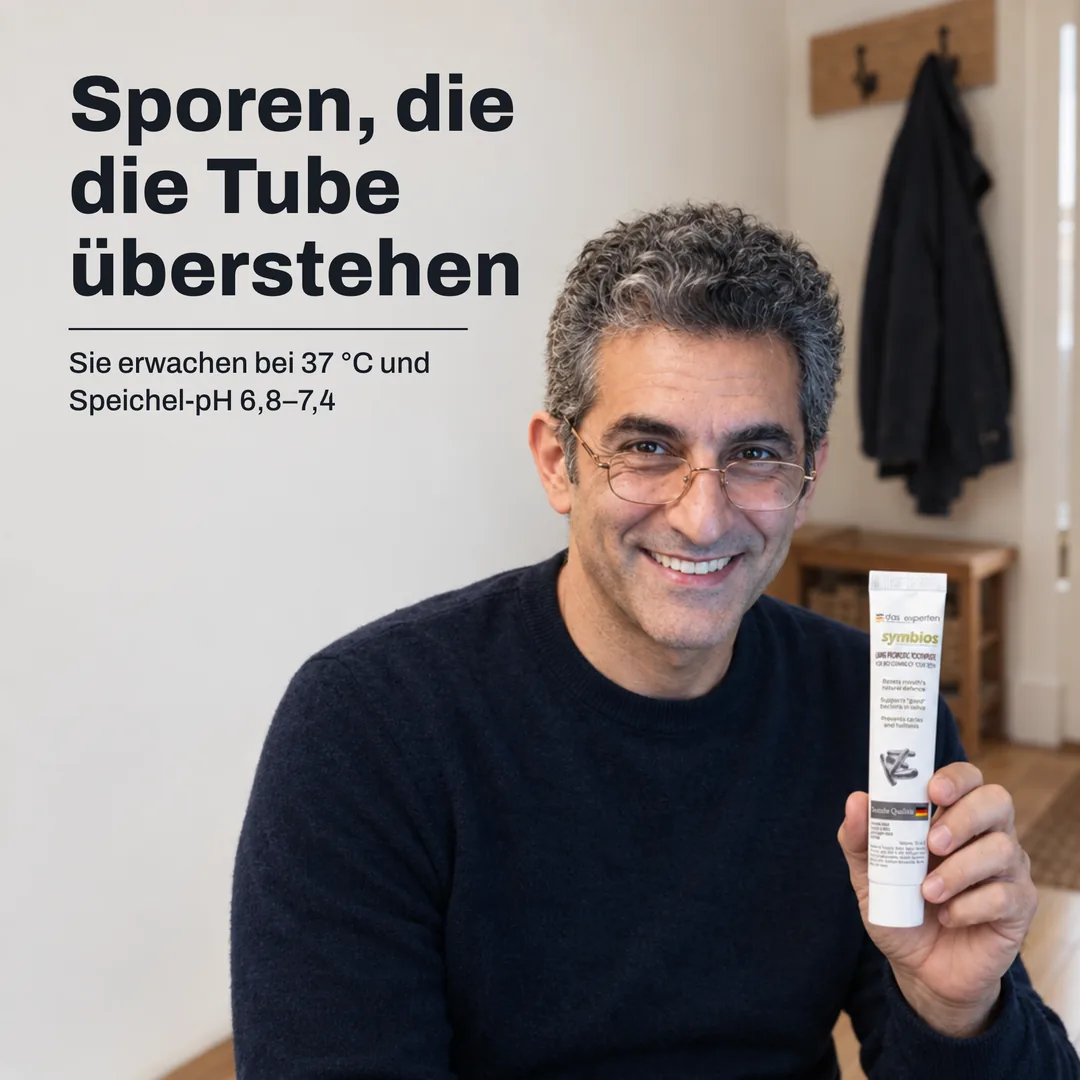 Sporen, die die Tube überstehen — Sie erwachen bei 37 °C und Speichel-pH 6,8–7,4
