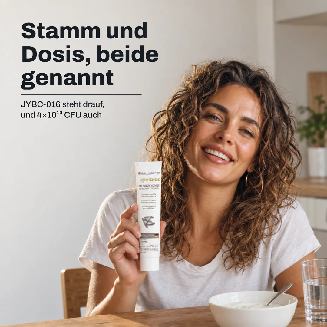 Stamm und Dosis, beide genannt — JYBC-016 steht drauf, und 4×10¹⁰ CFU auch