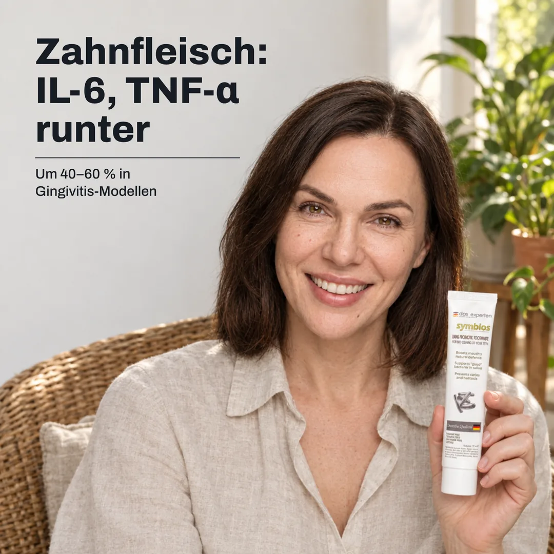 Zahnfleisch: IL-6, TNF-α runter — Um 40–60 % in Gingivitis-Modellen