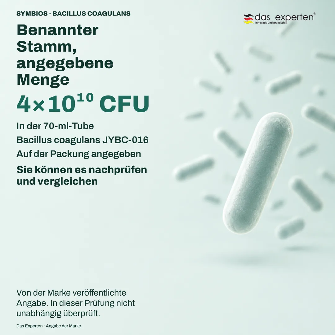 Schematische Spezifikationstafel mit 4×10¹⁰ CFU in der 70-ml-Tube und dem Stamm Bacillus coagulans JYBC-016, laut Angabe der Marke