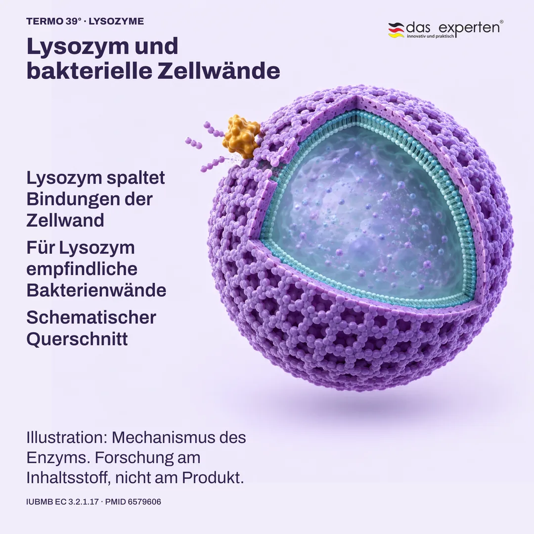 Schematischer Querschnitt: Lysozym spaltet Bindungen einer für Lysozym empfindlichen bakteriellen Zellwand