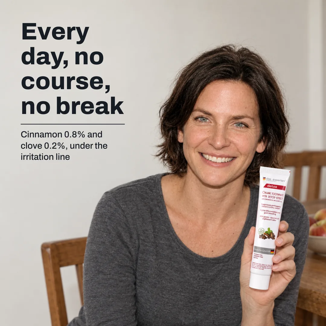 Every day, no course, no break — Cinnamon 0.8% and clove 0.2%, under the irritation line