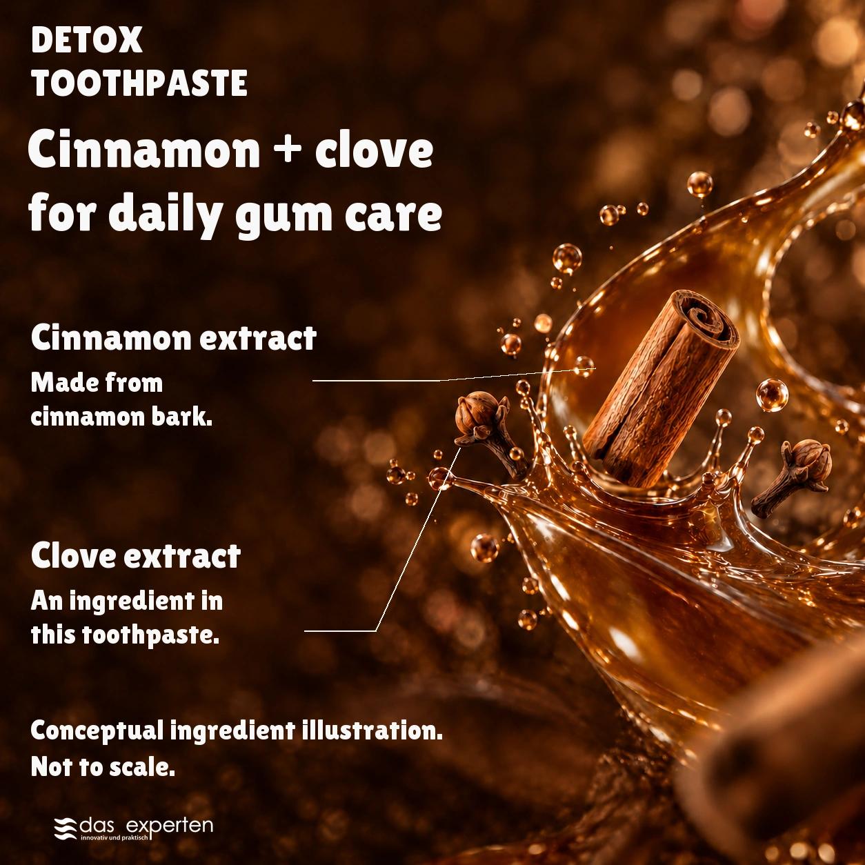 DETOX · Cinnamon + clove · for daily gum care · Conceptual ingredient illustration. · Not to scale.