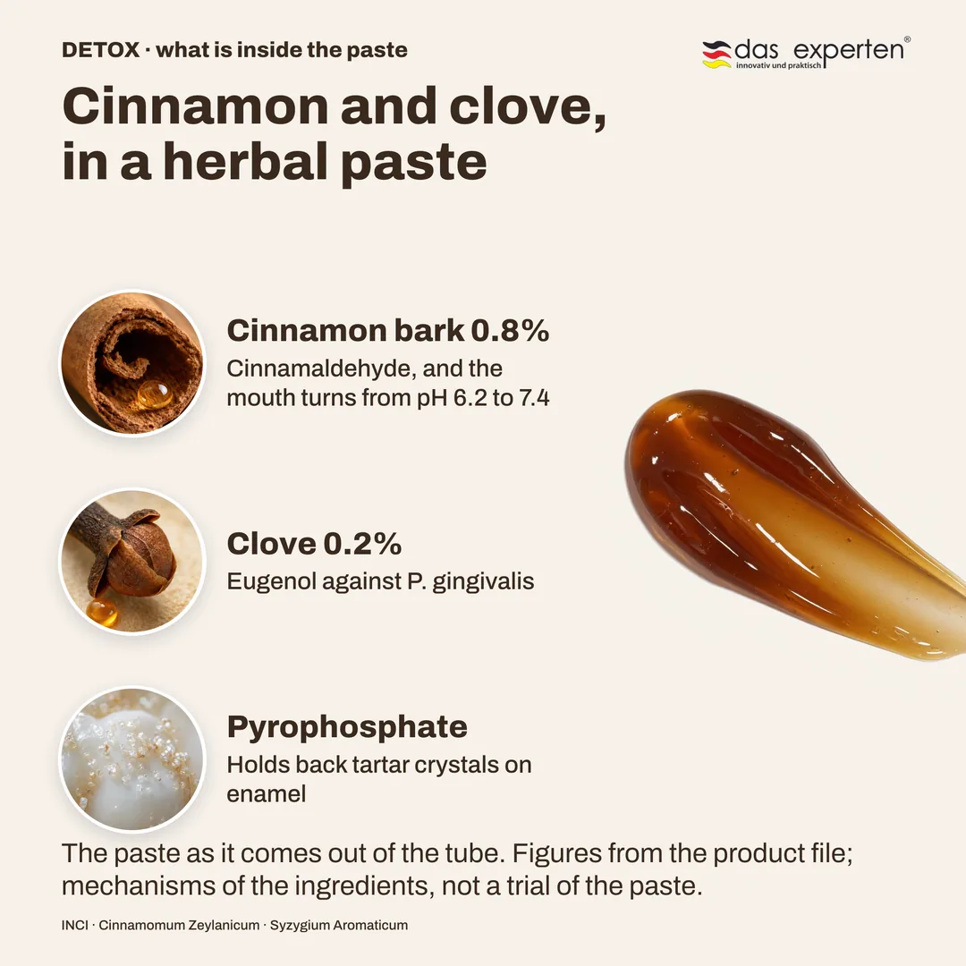 DETOX toothpaste texture: herbal paste with cinnamon bark 0.8% and clove 0.2%, salivary pH from 6.2 to 7.4, pyrophosphate against tartar