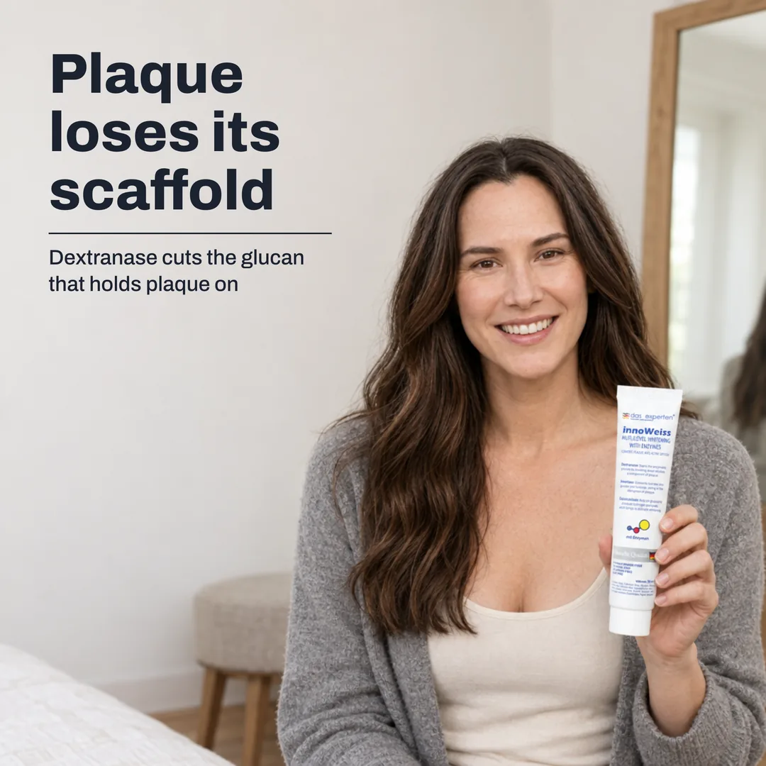 Plaque loses its scaffold — Dextranase cuts the glucan that holds plaque on
