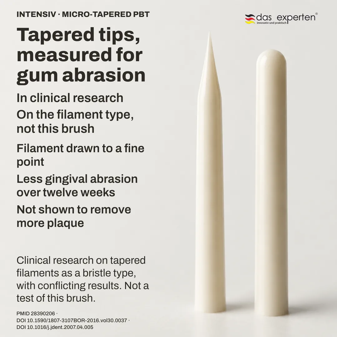 Filament-geometry study: one tapered tip profile beside one round-ended profile, schematic outlines at non-literal scale