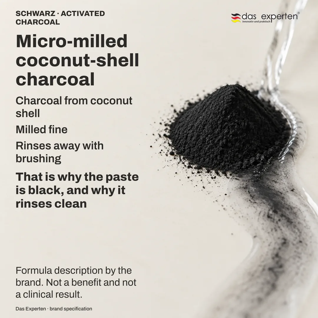 Illustration of finely milled coconut-shell charcoal powder carried away by rinsing water: a formula description by the brand