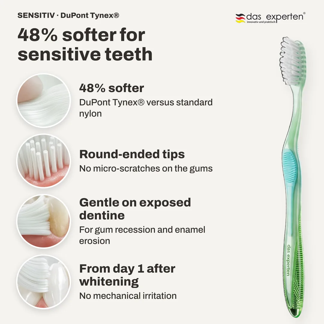 SENSITIV · DuPont Tynex® toothbrush infographic: 48% softer; Round-ended tips; Gentle on exposed dentine; From day 1 after whitening