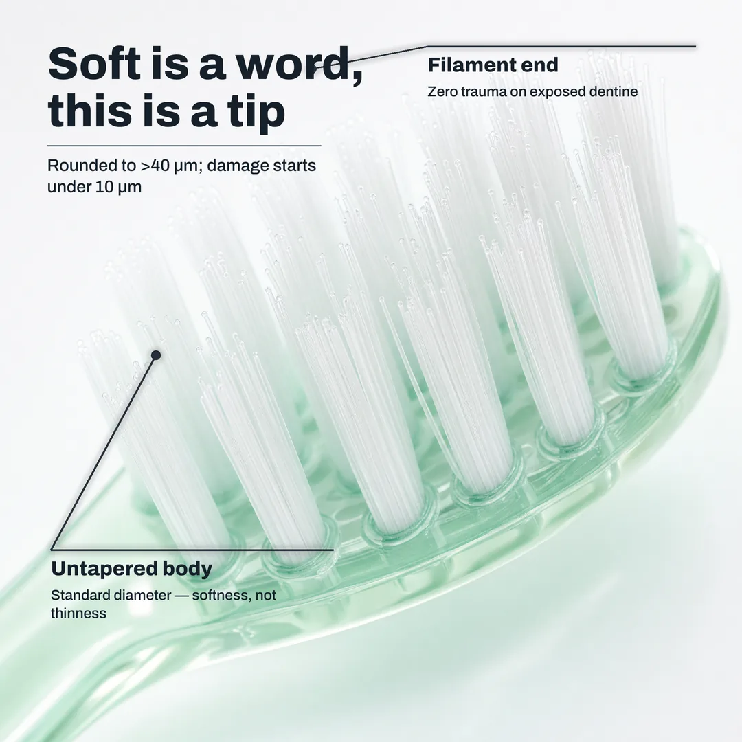 Soft is a word, this is a tip — Rounded to >40 μm; damage starts under 10 μm · Filament end: Zero trauma on exposed dentine · Untapered body: Standard diameter — softness, not thinness