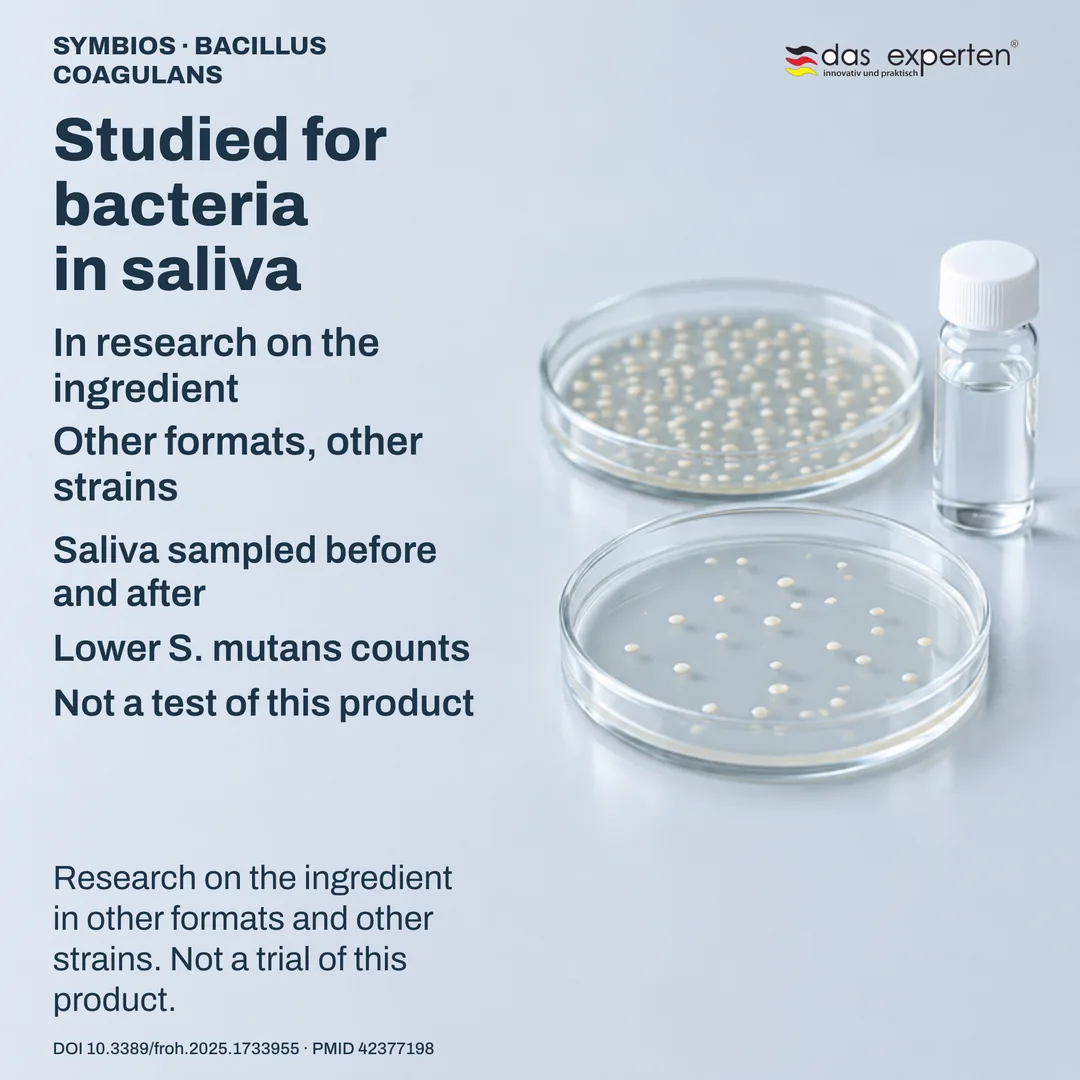 Laboratory scene: labelled saliva samples and culture plates compared in research on the ingredient, not on this product