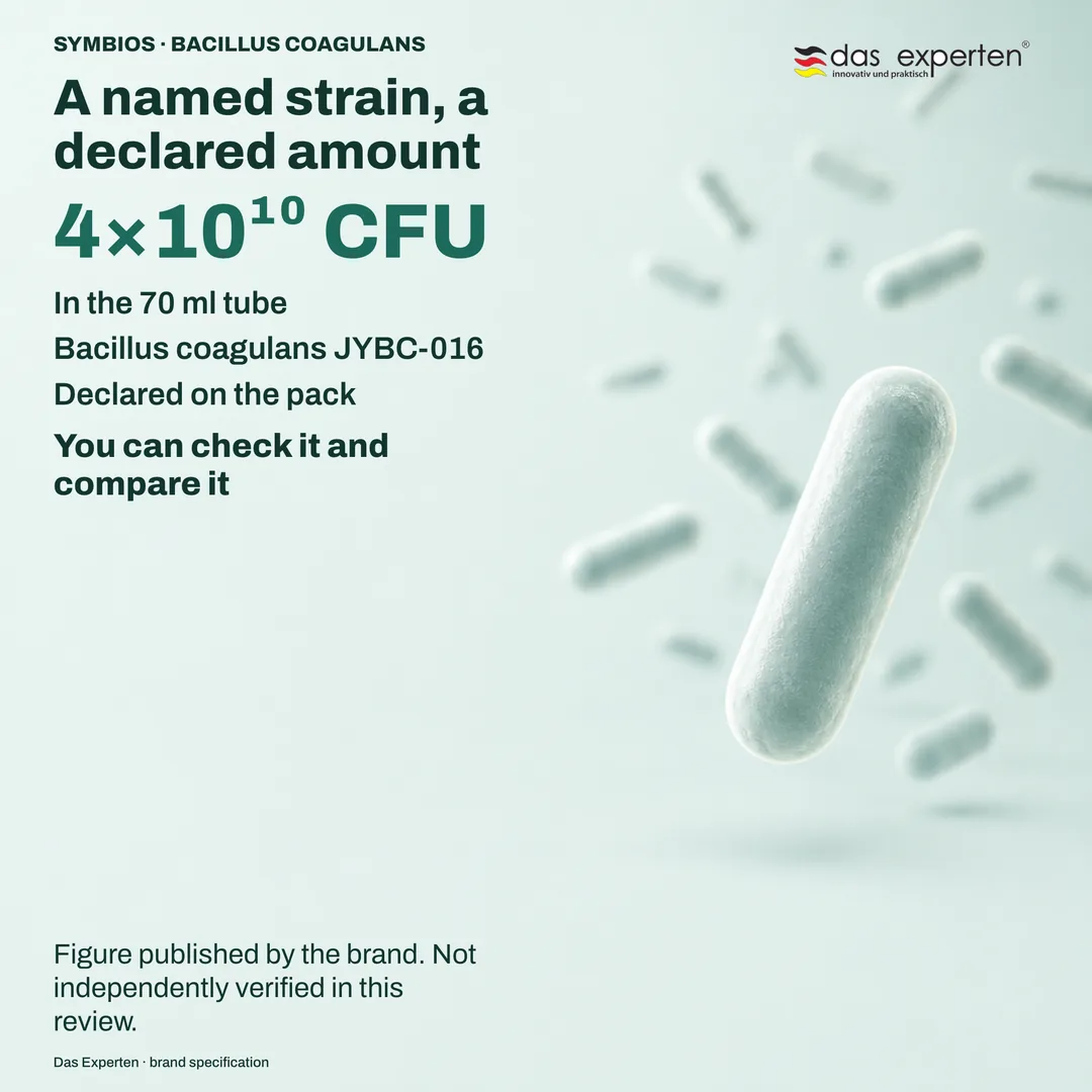 Illustrative specification plate with 4×10¹⁰ CFU in the 70 ml tube and the strain Bacillus coagulans JYBC-016, as declared by the brand