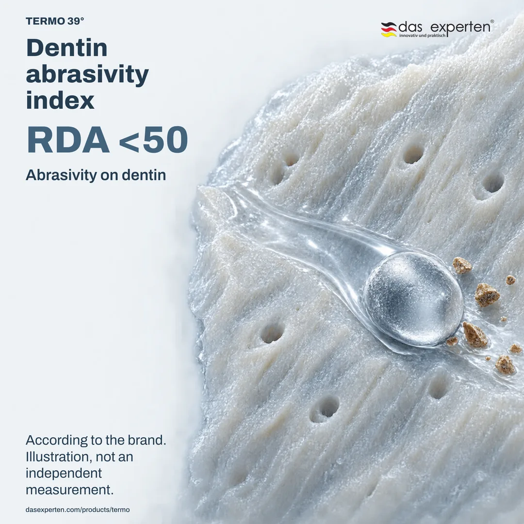 Illustrative dentin surface with the figure RDA <50: dentin abrasivity index, as specified by the brand