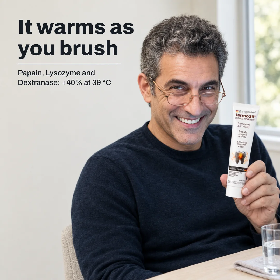 It warms as you brush — Papain, Lysozyme and Dextranase: +40% at 39 °C